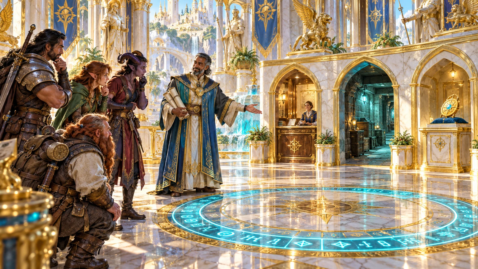 Adventurers learn a visible fair in-world constraint beside a vault